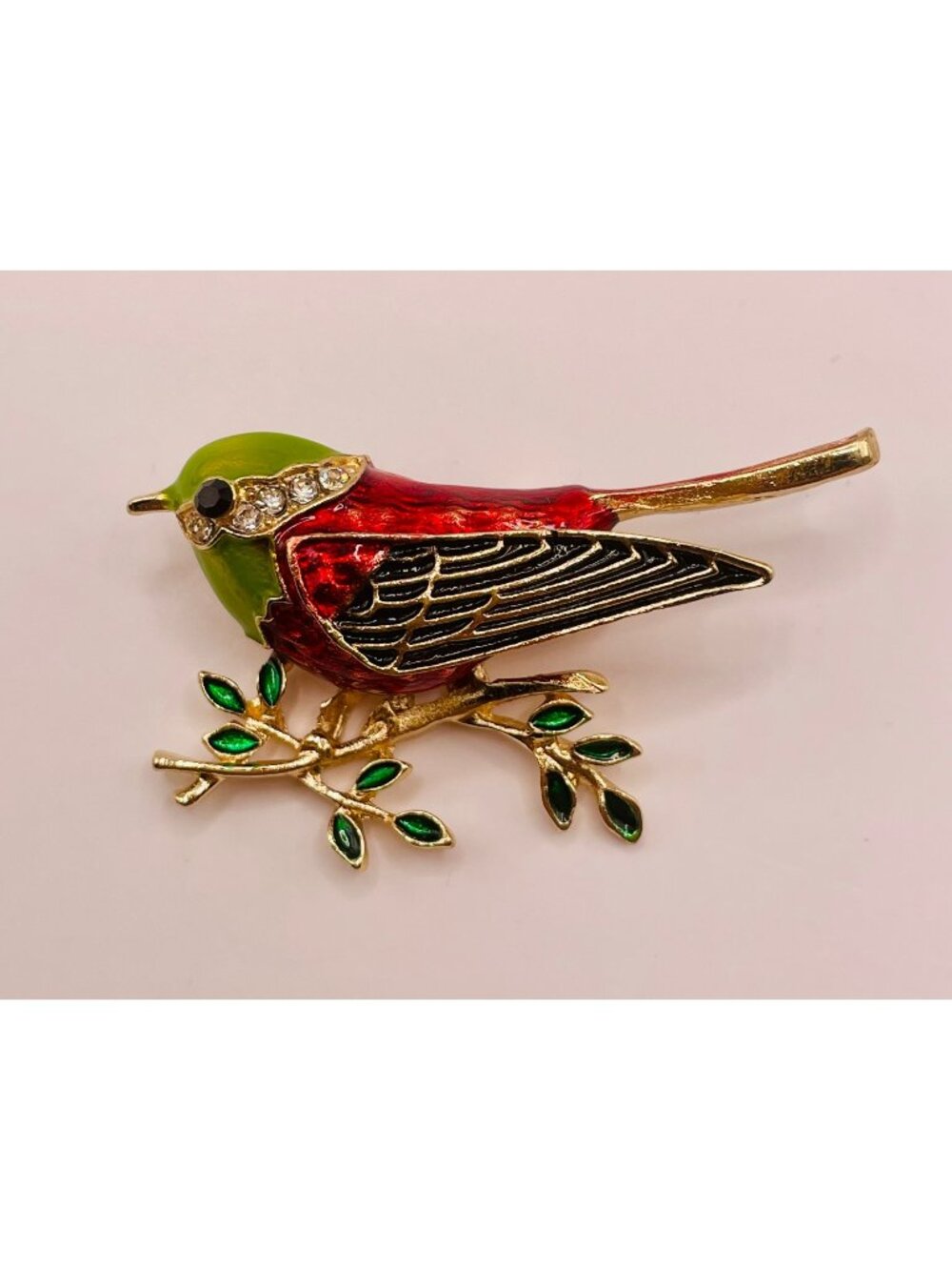 Bird Brooch Pin Gold-Tone Red & Green Enamel Accents -99B